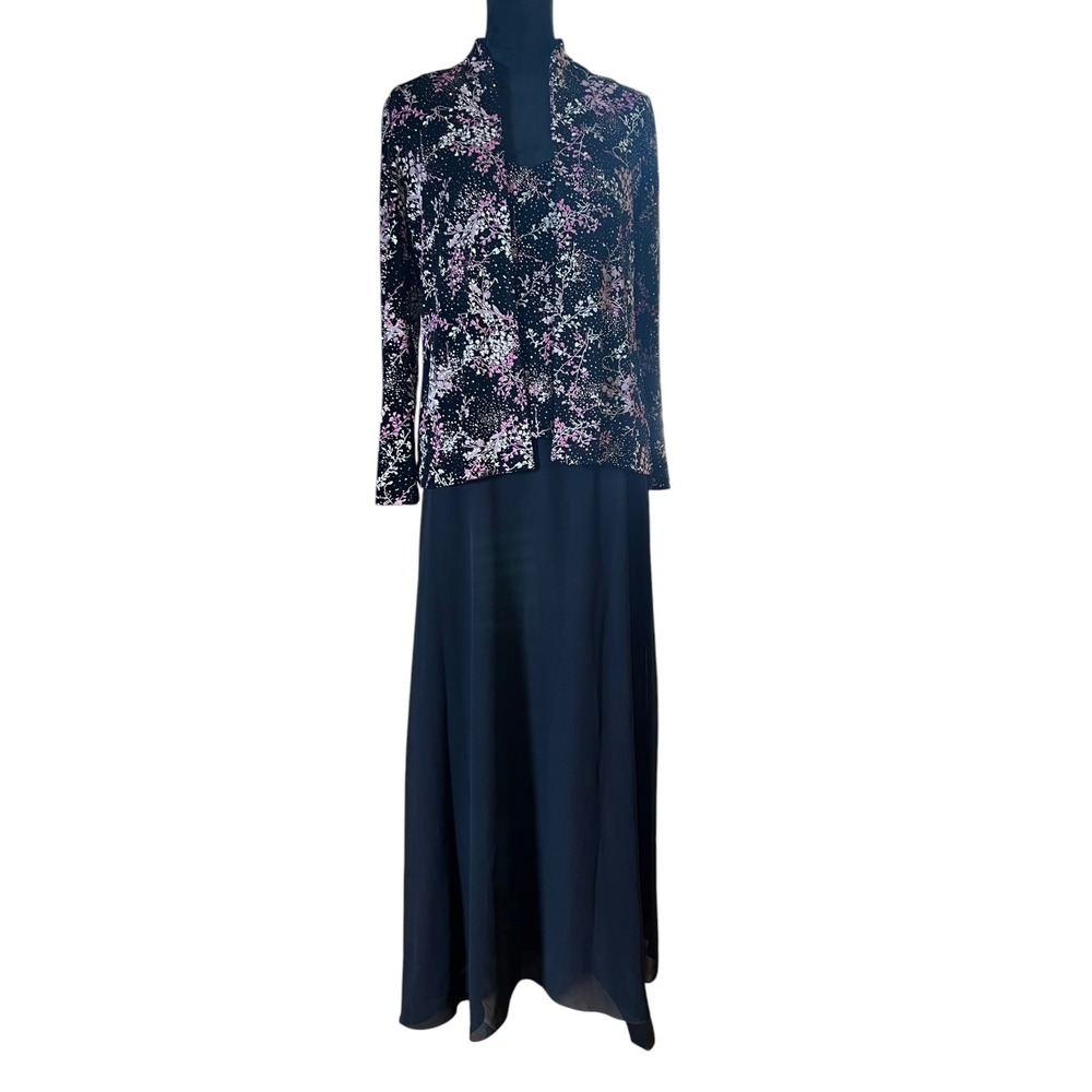 Alex Evenings 2 Pc Dress Set Women Size 8 Black Floral Sparkle Maxi Skirt Jacket